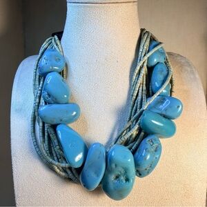 Unsigned Glorious 21 Stranded Wooden Bead Necklace with Chunky Faux Turquoise